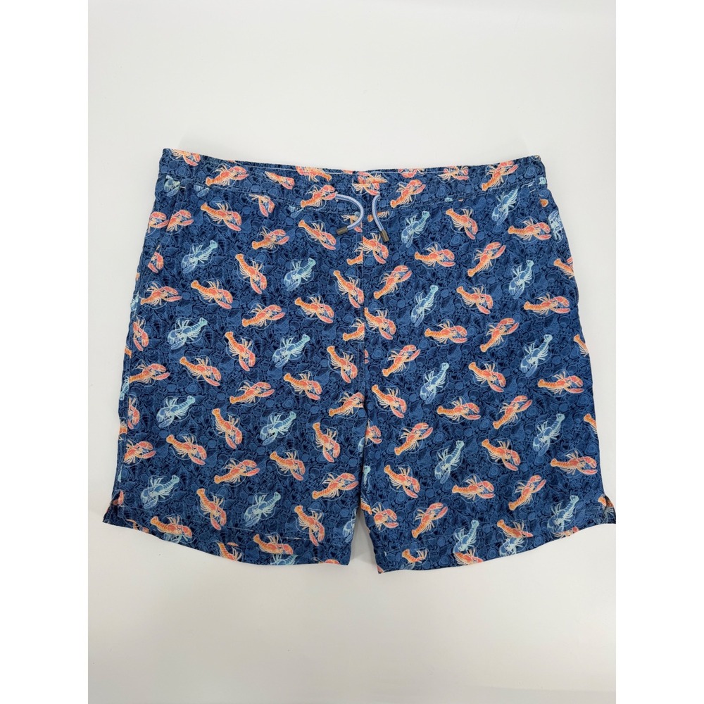 Peter Millar Mens Navy Blue Lobster Shell Print Swim Trunks Mesh Lined Large
